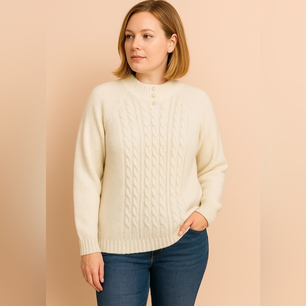 Vintage Cream Cable Knit Mock Turtleneck Acrylic Sweater - Picture 4 of 10